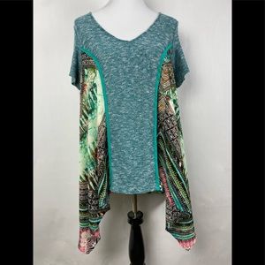 Poeme by Citron Santa Monica Asymmetrical mixed Media Boho Tunic Top LG